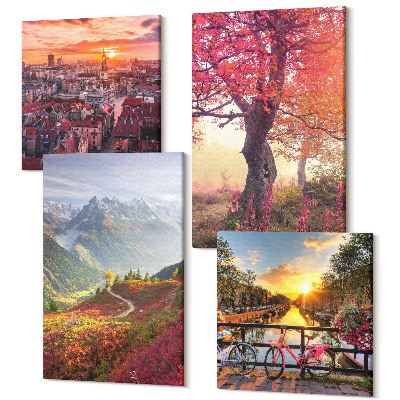 Tablouri multicanvas 4 piese Peisaje montane cu o bicicletă și un copac de toamnă