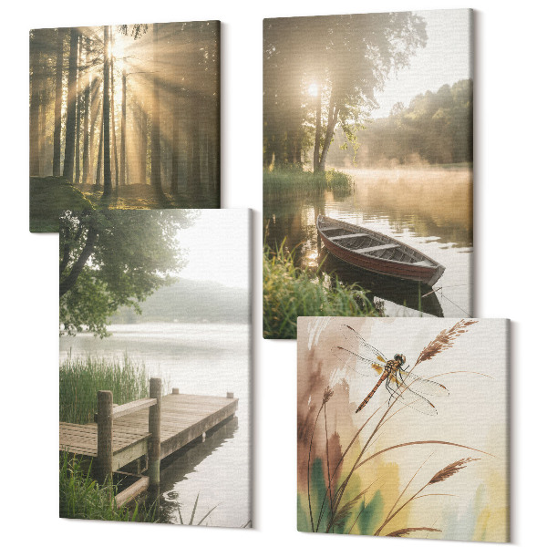 Tablouri canvas set 4 piese Un lac calm, o pădure și o barcă în ceața dimineții