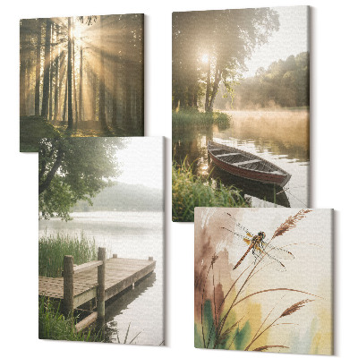Tablouri canvas set 4 piese Un lac calm, o pădure și o barcă în ceața dimineții