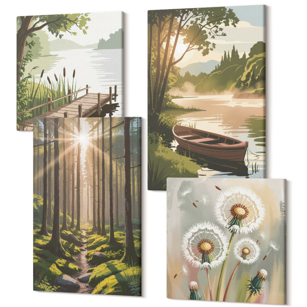 Tablouri multicanvas 4 piese Peisaje liniștite de pădure și lac cu o barcă