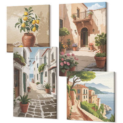 Tablouri multicanvas 4 piese Străzi pitorești cu case și plante în ghiveci