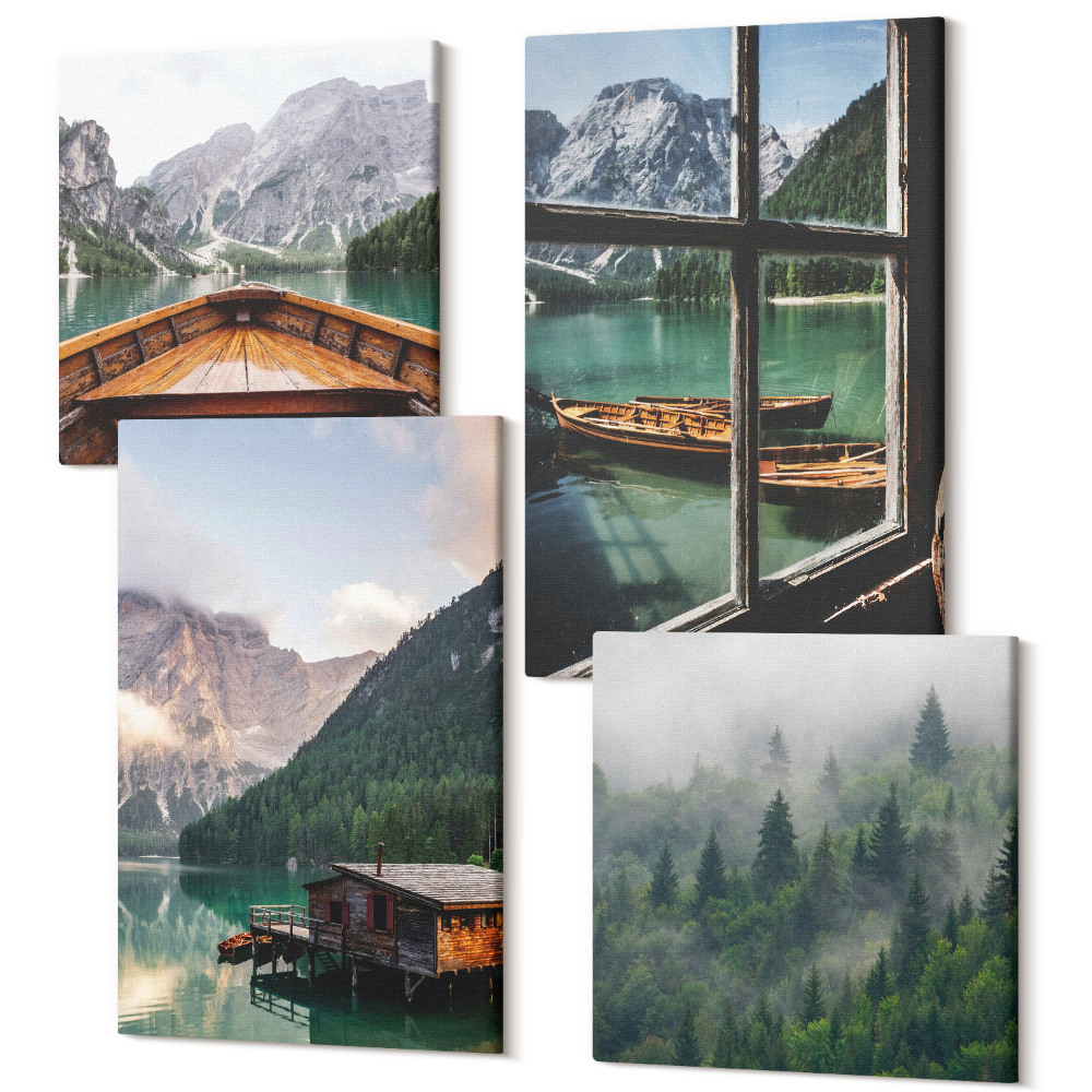 Tablou 4 piese Lac de munte cu o barcă și case de lemn