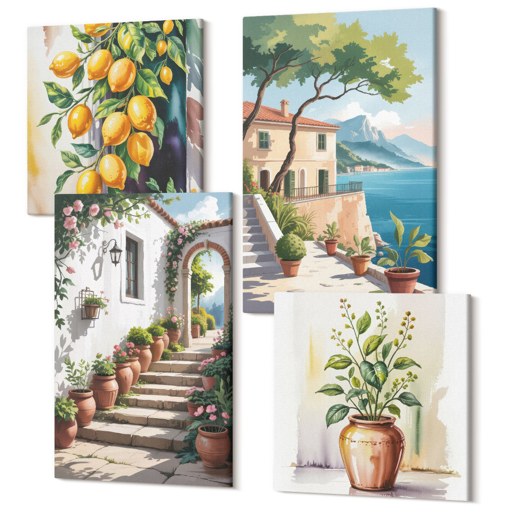 Tablou 4 piese Lămâi pe un fundal de flori și vederi la malul mării