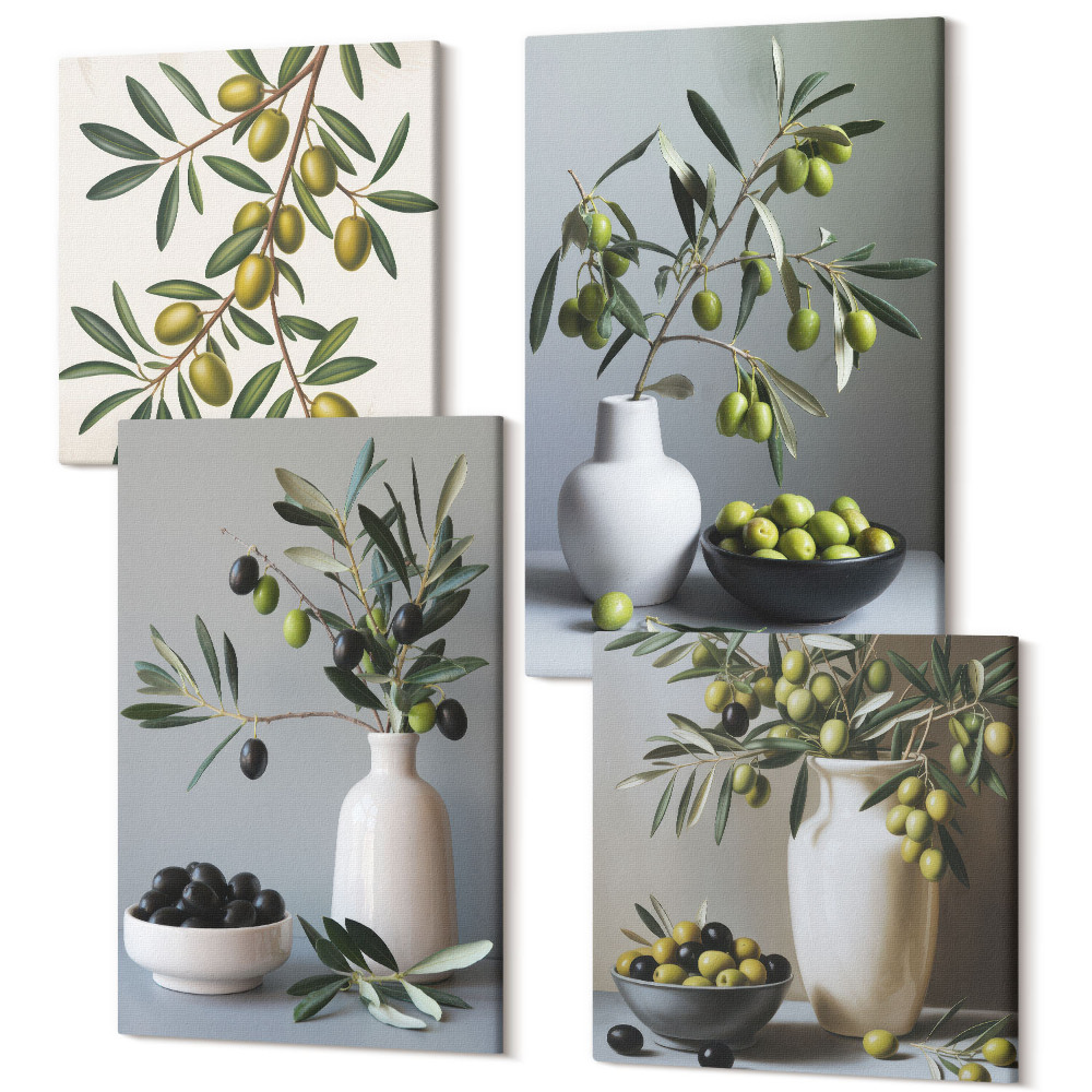 Tablouri canvas set 4 piese Măsline în vaze pe un fundal de culori atenuate