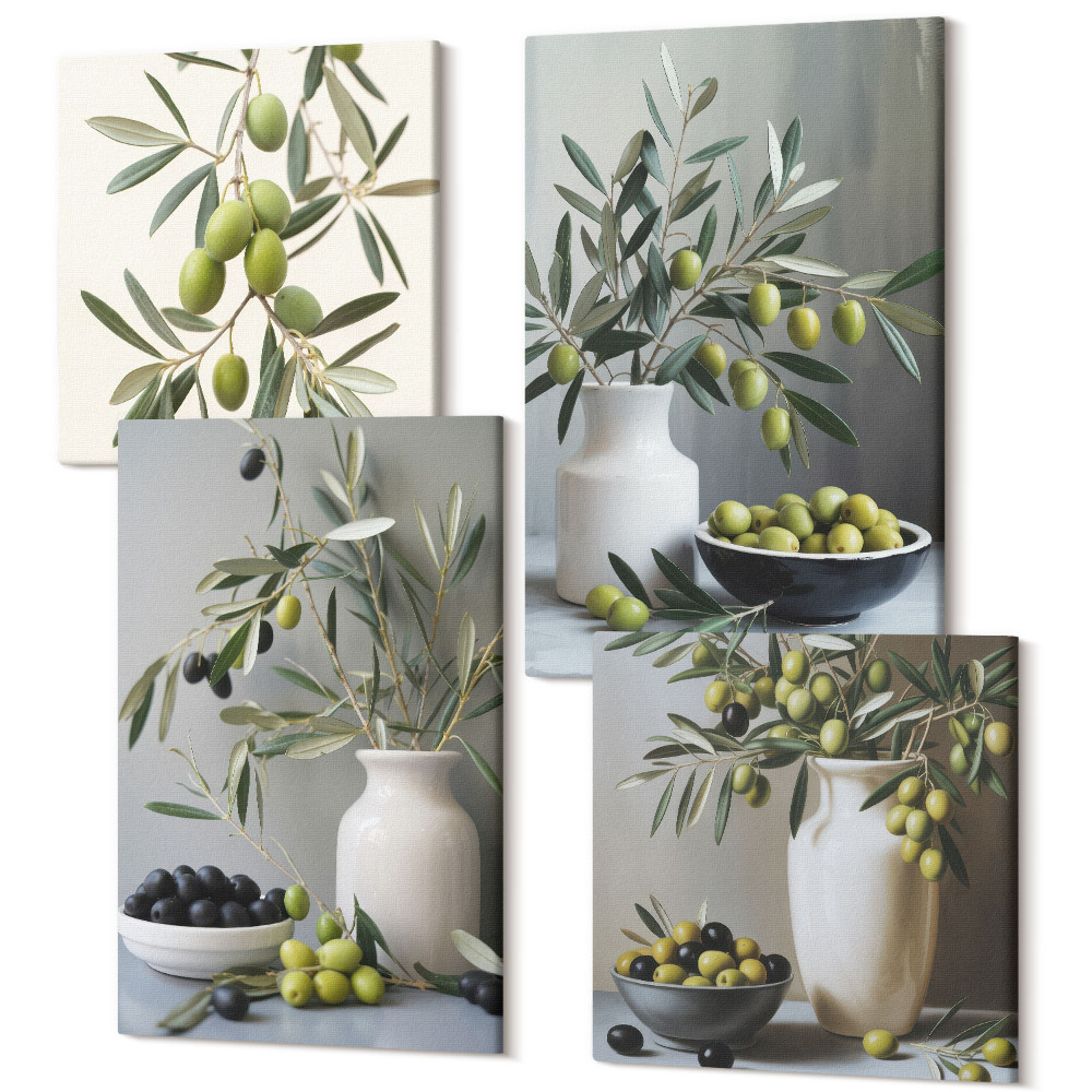 Tablouri multicanvas 4 piese Măsline în vaze cu ramuri pe fond gri