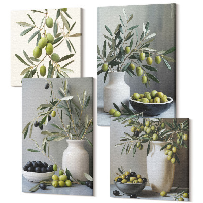 Tablouri multicanvas 4 piese Măsline în vaze cu ramuri pe fond gri