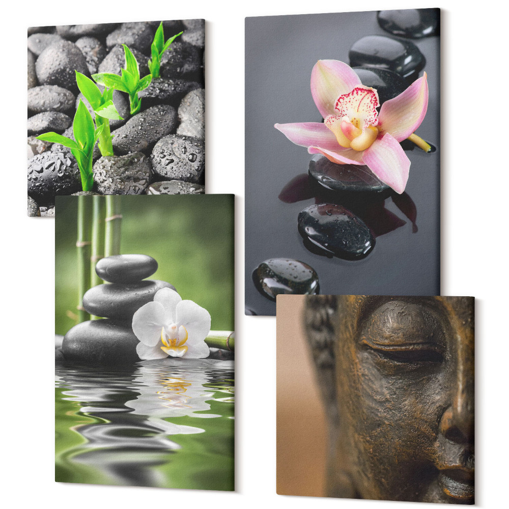 Tablouri multicanvas 4 piese O compoziție zen pașnică de pietre și flori, Buddha