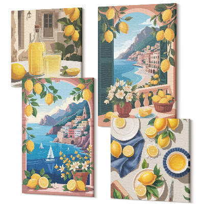 Tablouri multicanvas 4 piese Fereastră cu vedere la mare cu lămâi italiene