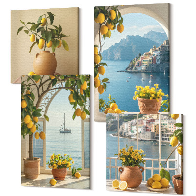 Tablouri canvas set 4 piese Orașul de pe litoral lămâi și flori în ghivece