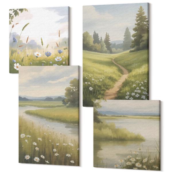 Tablouri multicanvas 4 piese Peisaj de primăvară cu un râu, potecă și pajiște cu flori
