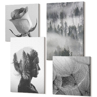 Tablouri canvas set 4 piese Pădure melancolică în ceață portretul unei femei plante