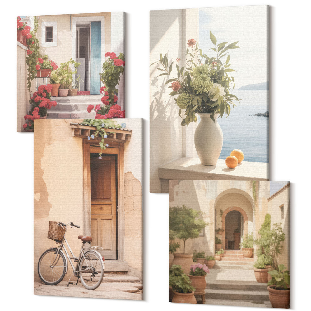 Tablou 4 piese Străzi fermecătoare de pe litoral, cu flori și biciclete