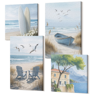 Tablouri multicanvas 4 piese Plajă cu plăci de surf, bărci și păsări