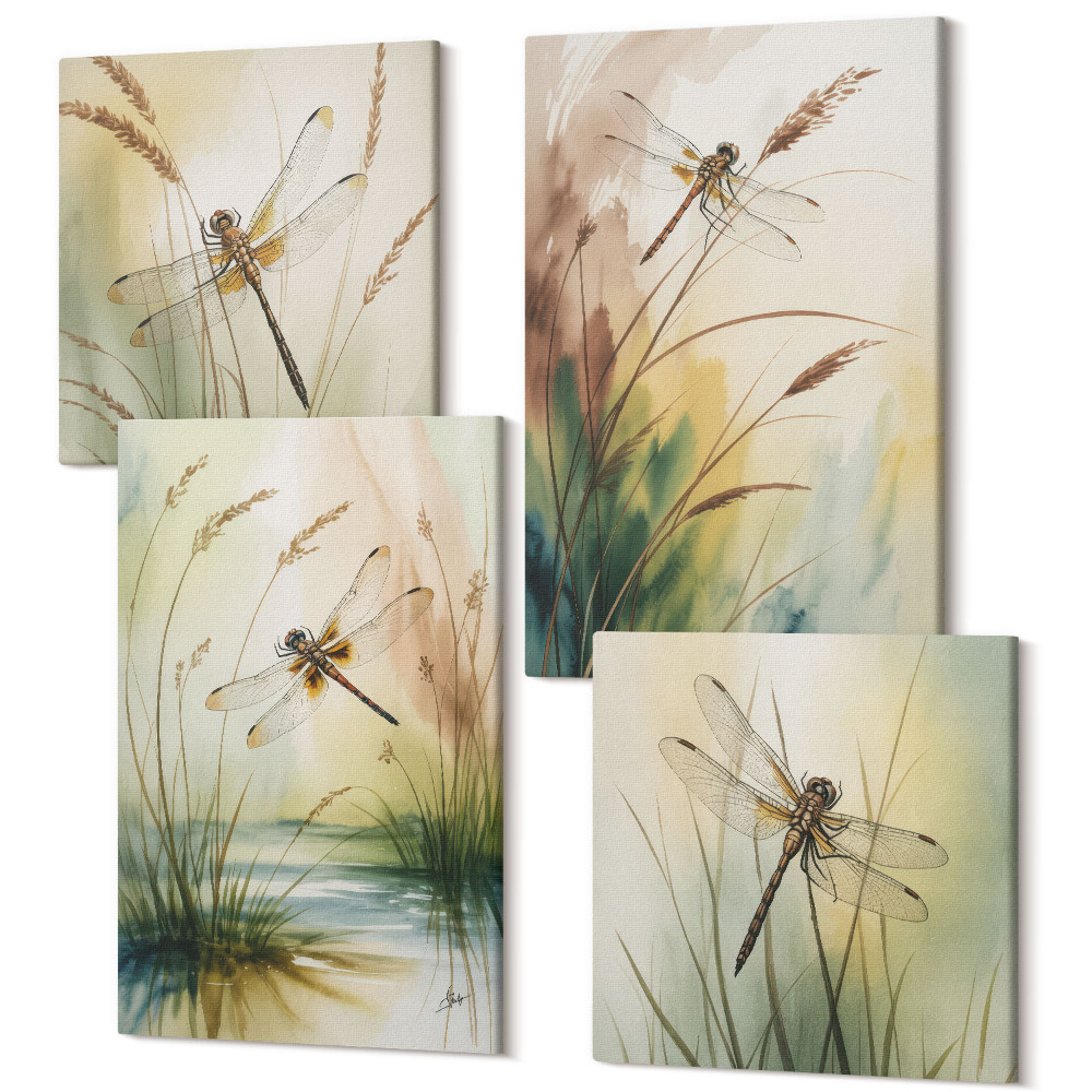 Tablouri canvas set 4 piese Libelule printre iarba de la apa in stil pictural