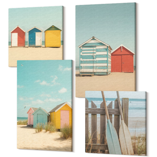 Tablouri multicanvas 4 piese Case colorate pe plajă într-o zi însorită
