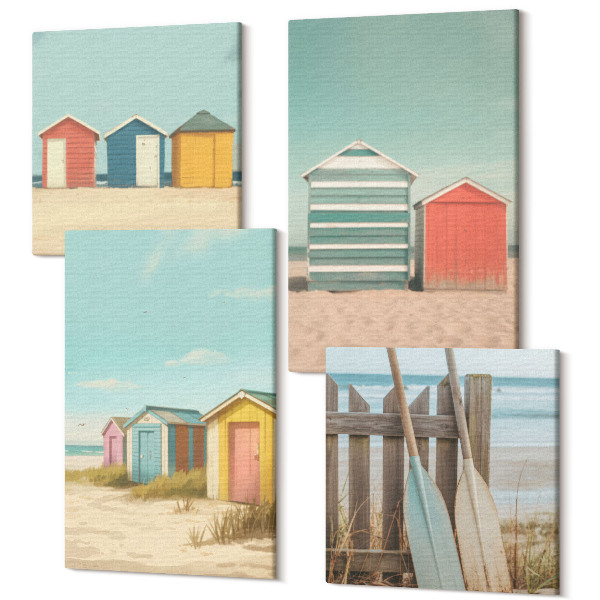 Tablou 4 piese Case colorate pe plajă în soarele verii