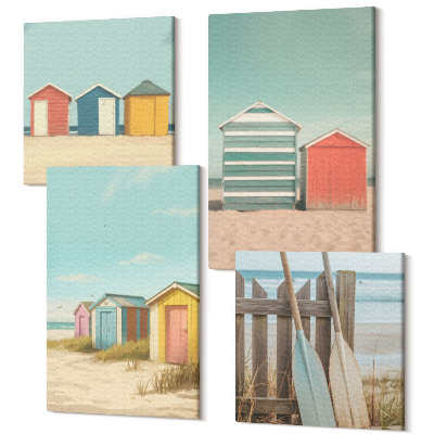 Tablou 4 piese Case colorate pe plajă în soarele verii