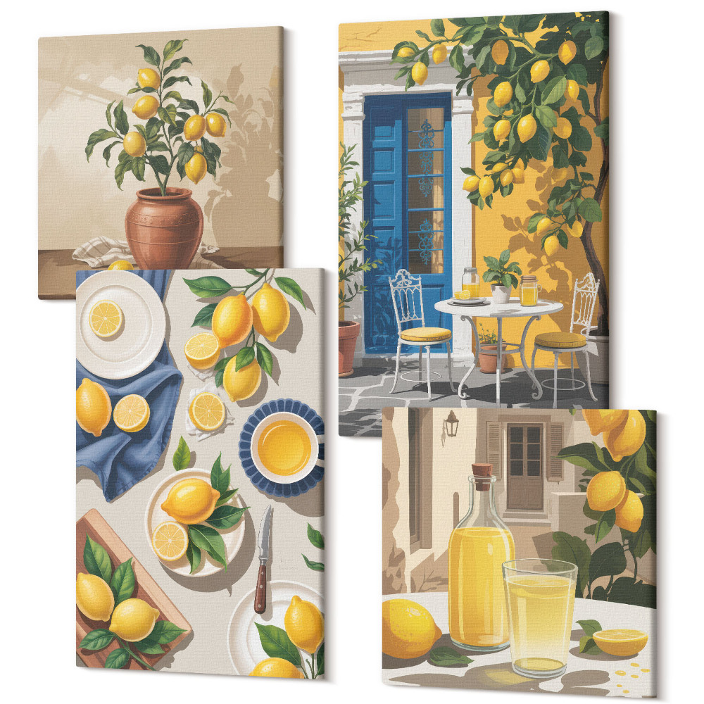 Tablouri canvas set 4 piese Grădină de lămâi cu lămâi și băuturi pe masă