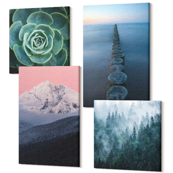Tablou 4 piese Munți cu cer roz, apă și suculente verzi