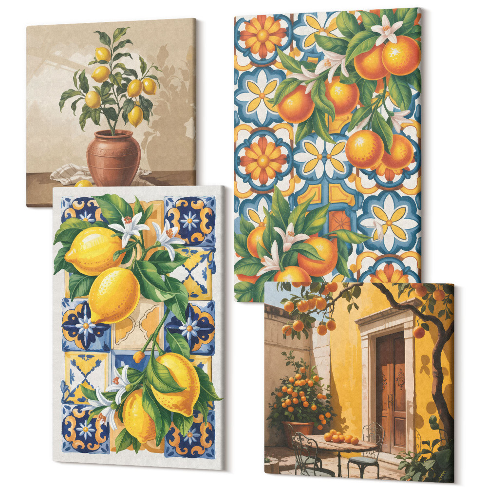 Tablouri multicanvas 4 piese Flori de lămâie și portocal în modele colorate