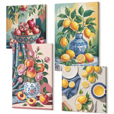 Tablou 4 piese Flori și fructe pictate în vaze