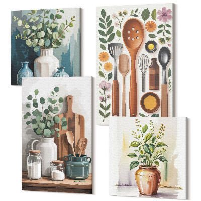 Tablouri canvas set 4 piese Accesorii de bucatarie cu plante in stil modern