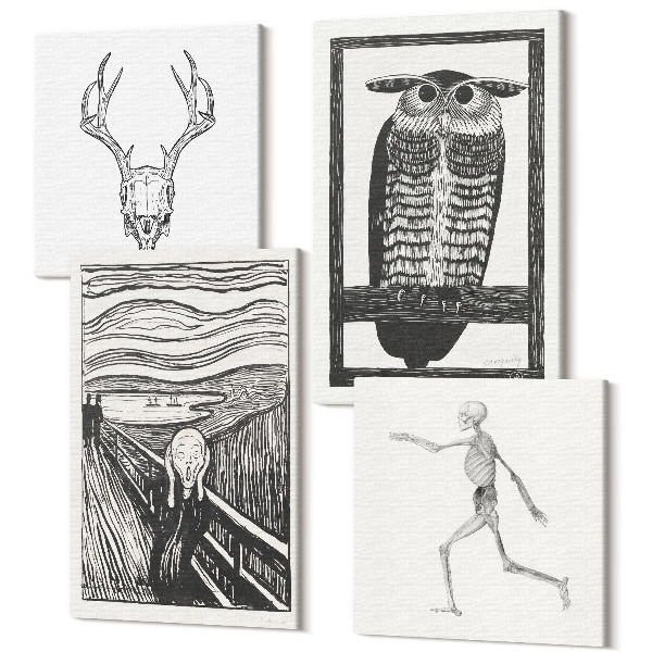 Tablouri multicanvas 4 piese Inspirat din imaginea Scream cu un craniu și o bufniță într-un stil grafic