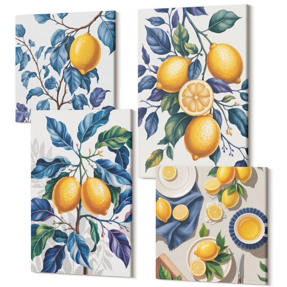 Tablouri canvas set 4 piese Lămâi pe ramuri cu frunze albastre