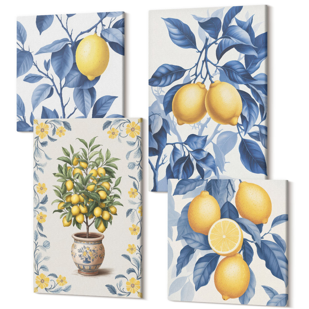 Tablouri multicanvas 4 piese Lămâi pe ramuri cu frunze albastre pe un copac