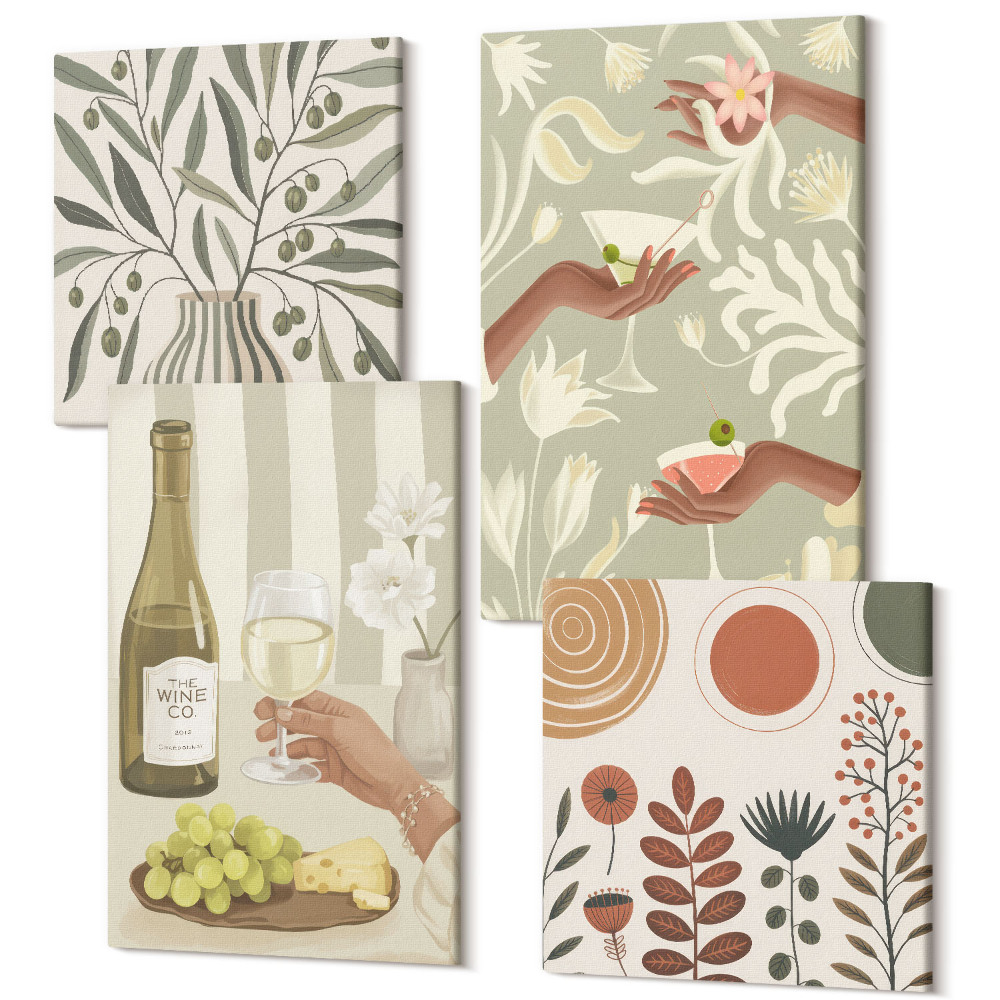 Tablouri canvas set 4 piese Flori de măslin și cocktailuri rustice
