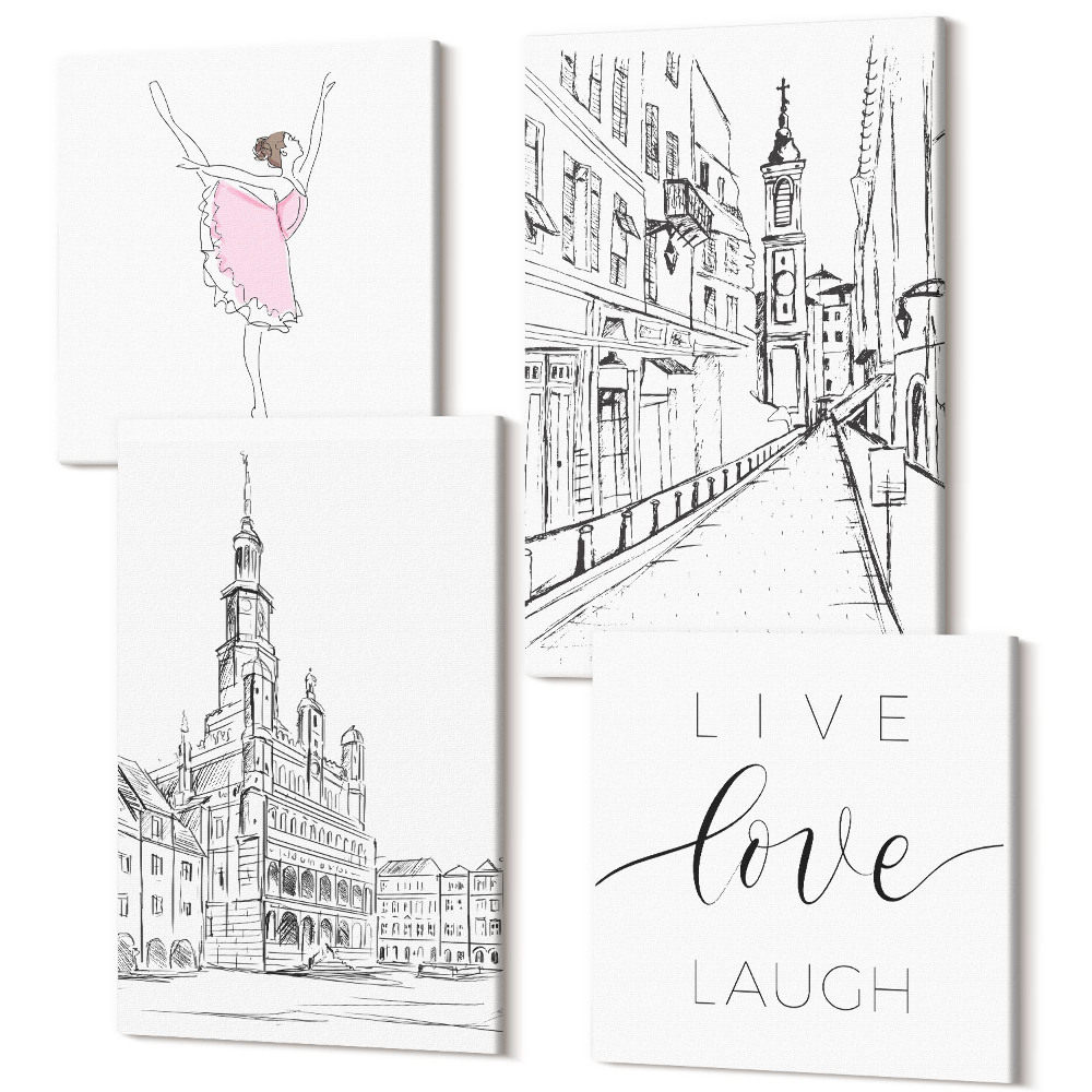 Tablouri canvas set 4 piese Tablouri elegante cu balerină dansatoare și arhitectură de dragoste