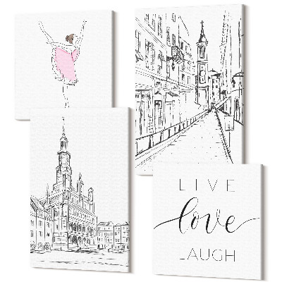 Tablouri canvas set 4 piese Tablouri elegante cu balerină dansatoare și arhitectură de dragoste