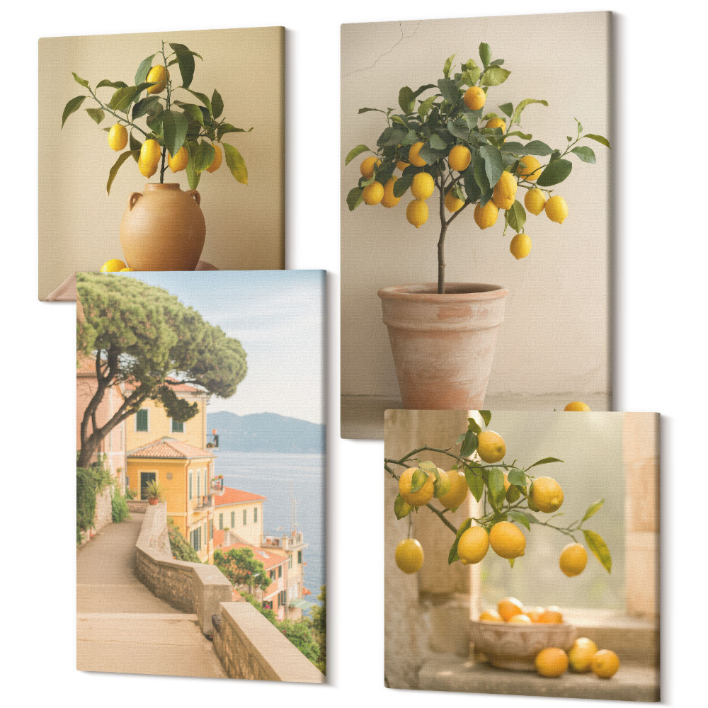 Tablou 4 piese Lămâi în ghivece și pe fereastră