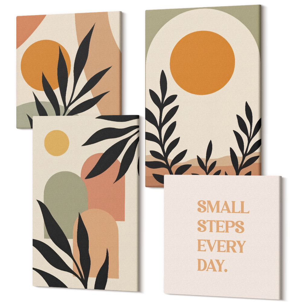 Tablouri canvas set 4 piese Forme abstracte și motive vegetale în culori calde