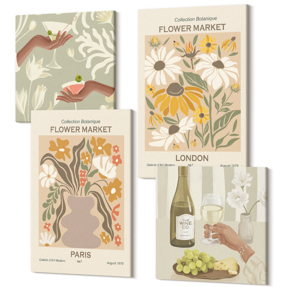 Tablouri canvas set 4 piese Modele florale din Amsterdam, Paris și Londra