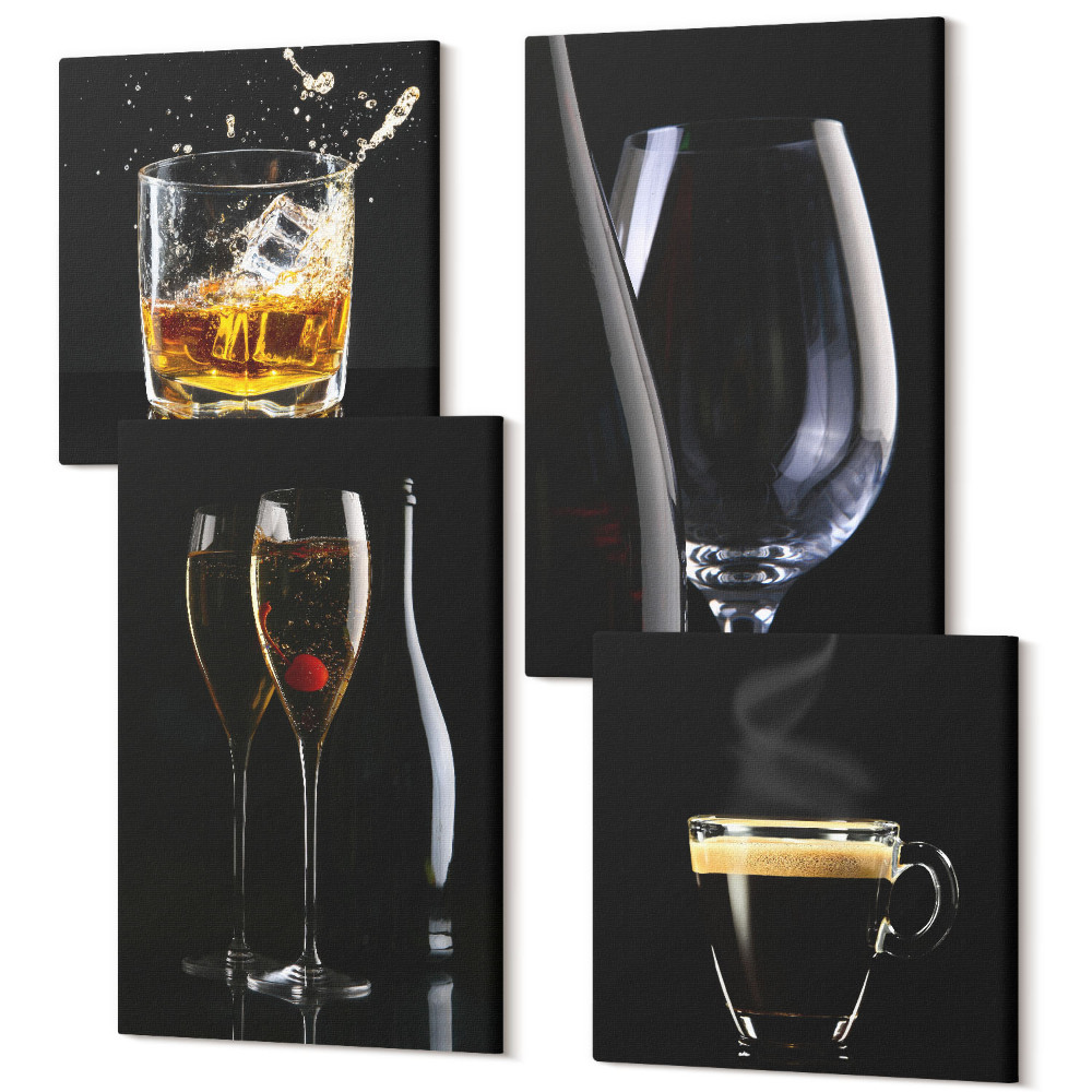 Tablou 4 piese Whisky, vin, șampanie, cafea bea alcool
