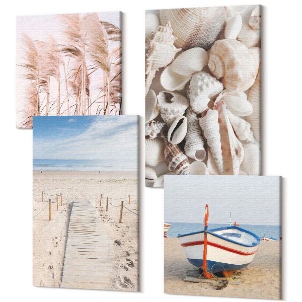Tablouri multicanvas 4 piese Plaja cu nisip barca scoici iarba boho