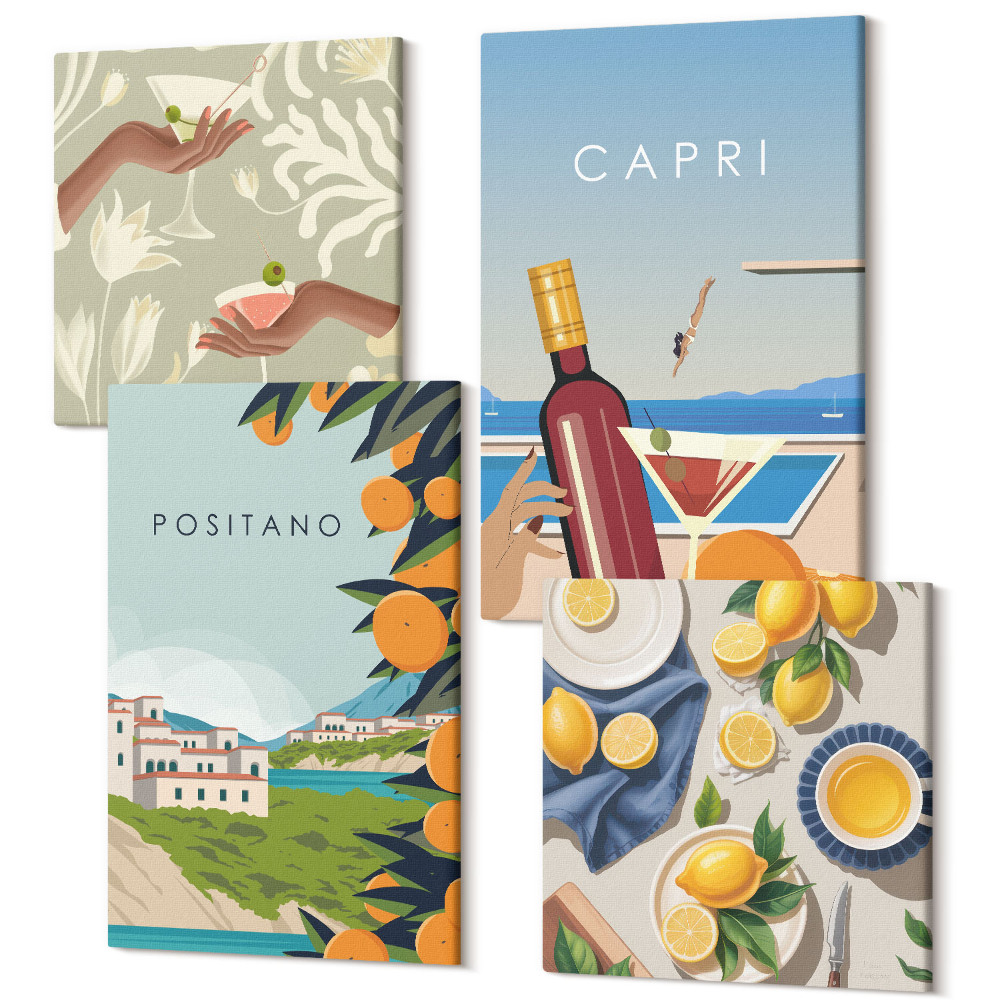 Tablou 4 piese Vederi de vacanță lamai italiene Positano și Capri