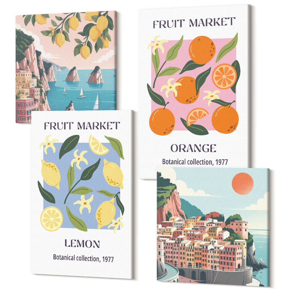 Tablouri canvas set 4 piese Afișe cu fructe cu lămâi, portocale și vederi italiene