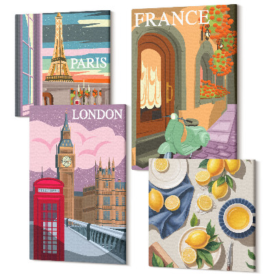 Tablouri multicanvas 4 piese Peisaje urbane din Paris, Londra și Franța lămâi