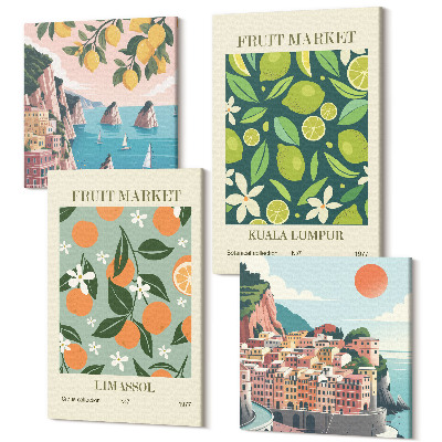 Tablou 4 piese Afișe vintage cu modele de fructe