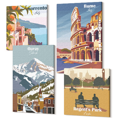 Tablouri canvas set 4 piese Ilustrații retro ale regiunilor celebre ale lumii
