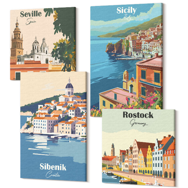 Tablou 4 piese Peisaje ale orașelor europene cu clădiri colorate