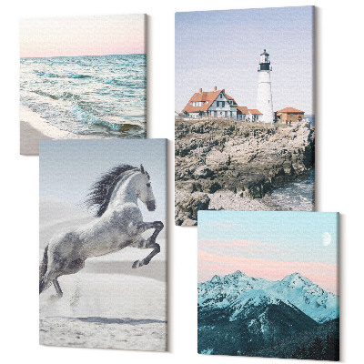 Tablouri canvas set 4 piese Cai în mișcare plajă și munți far