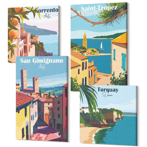 Tablouri canvas set 4 piese Orașe italiene și peisaje retro de litoral