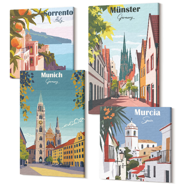 Tablouri multicanvas 4 piese Orașe europene în ilustrații colorate