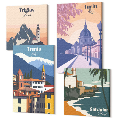 Tablouri canvas set 4 piese Munți și arhitectură retro ilustrații colorate
