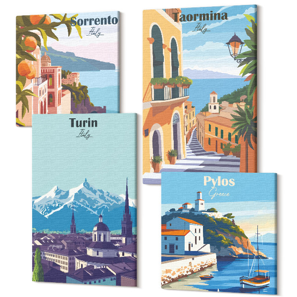 Tablouri multicanvas 4 piese Peisaje urbane ilustrative colorate, în stil retro