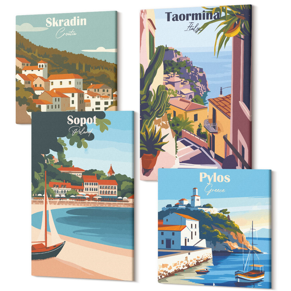 Tablouri canvas set 4 piese Orașul de pe litoral vede ilustrații elegante