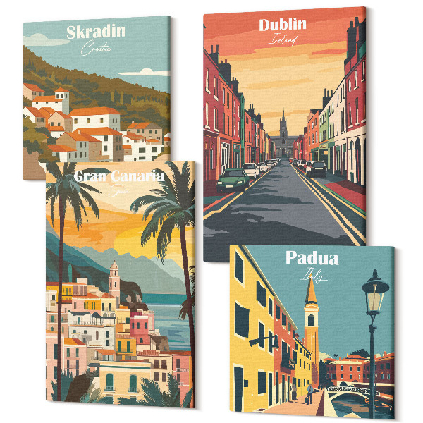 Tablou 4 piese Peisaje de orașe și natură în culori calde